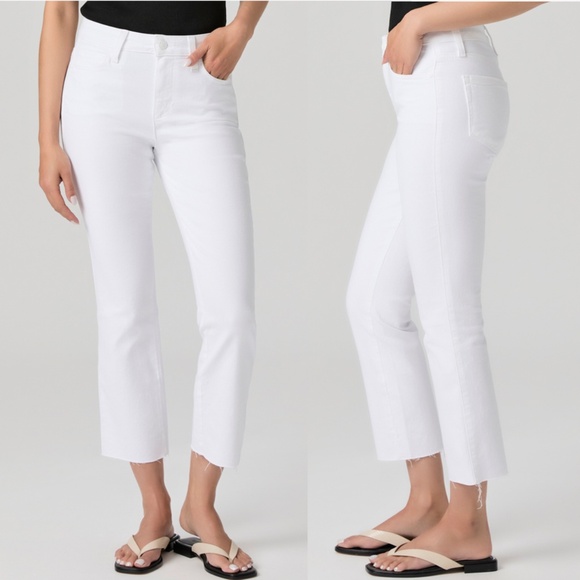 Paige Women's Cindy White Crop Straight Leg Raw Hem Jeans - Picture 1 of 14